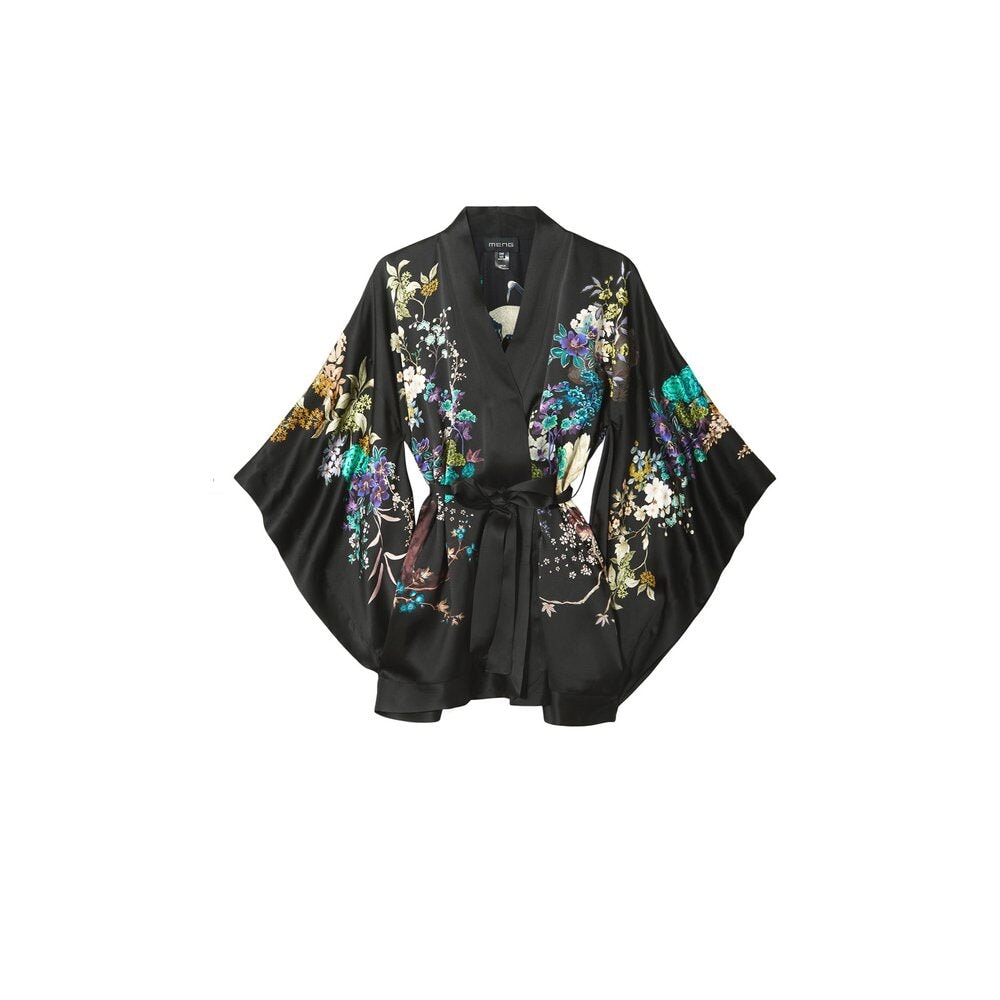 MENG Black Silk Satin Short Kimono Kimonos 