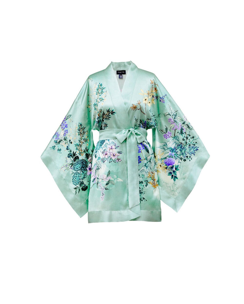 MENG Green Pagoda Silk Satin Short Kimono Kimonos 