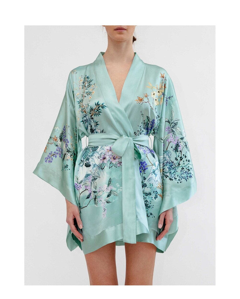 MENG Green Pagoda Silk Satin Short Kimono Kimonos 