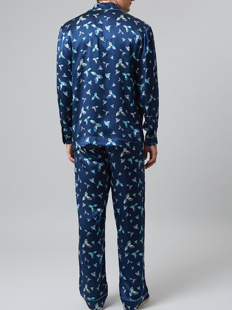 MENG Navy Printed Silk Satin Pajama Set 