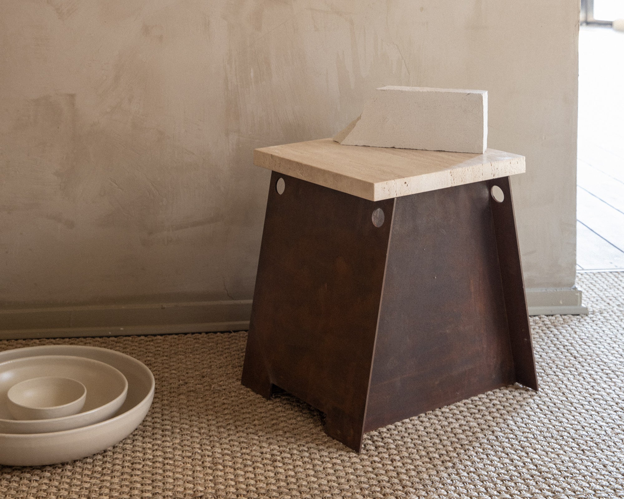 FRAMA - 64 Plinth | Corten Steel / Travertine