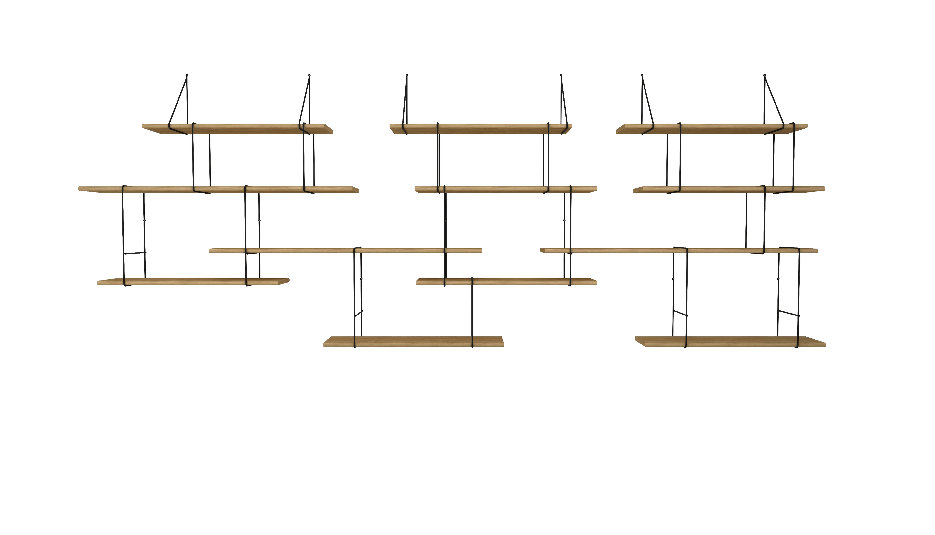 hanging shelf composed of 3 long oak wood planks, 9 small oak wood planks held together by 15 black steel bracket on white background