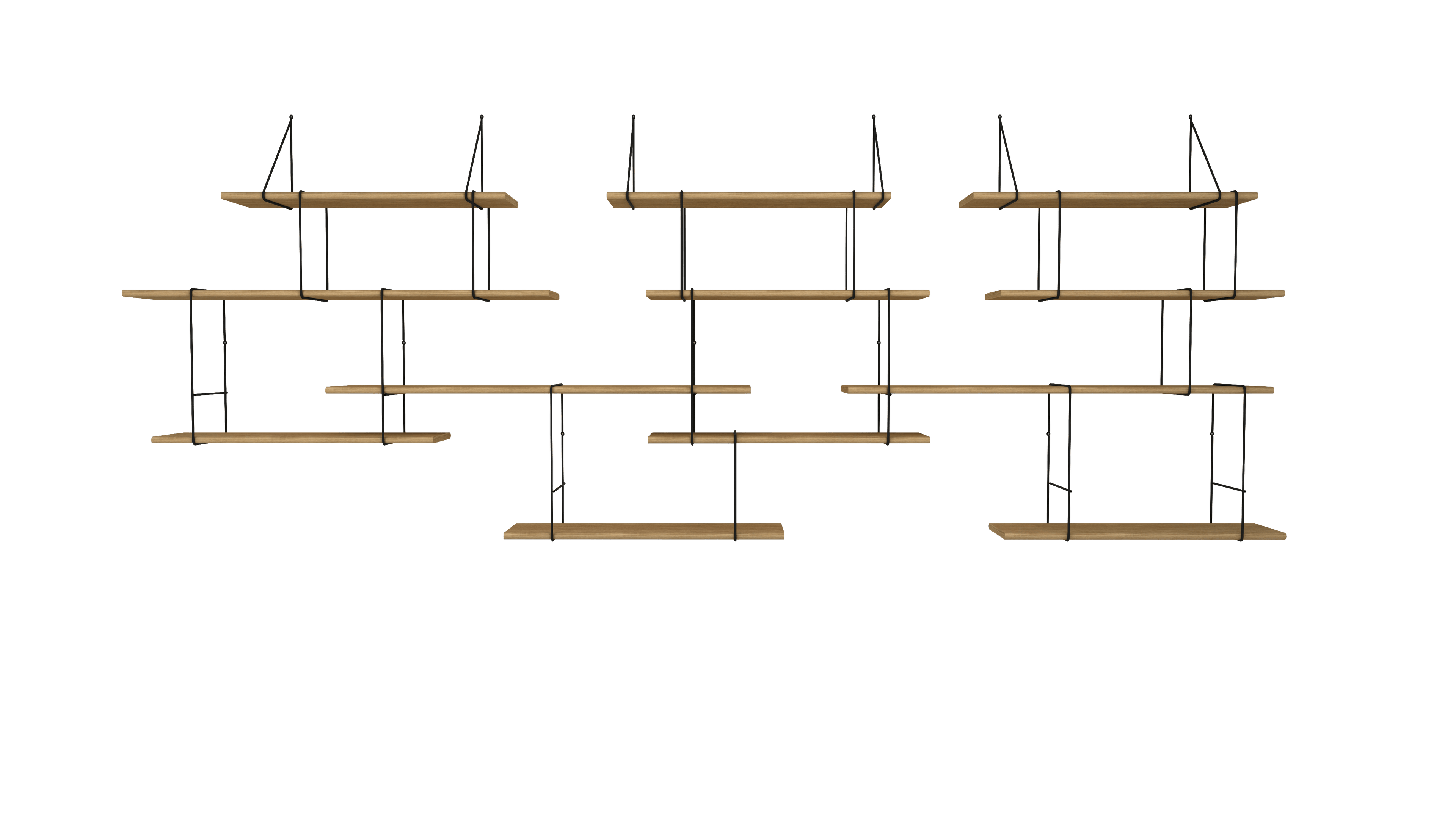 hanging shelf composed of 3 long oak wood planks, 9 small oak wood planks held together by 15 black steel bracket on white background