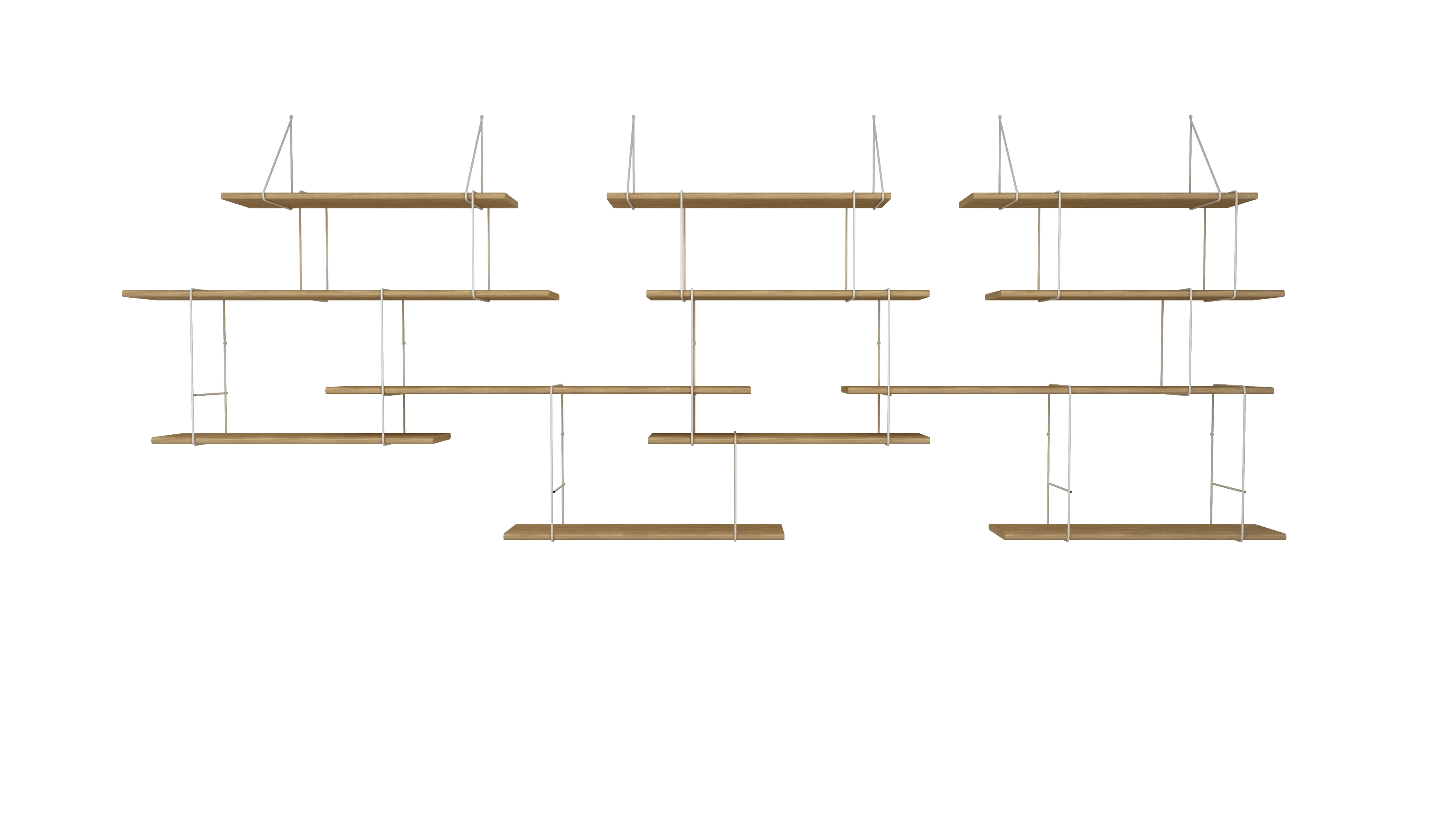 hanging shelf composed of 3 long oak wood planks, 9 small oak wood planks held together by 15 white steel bracket on white background