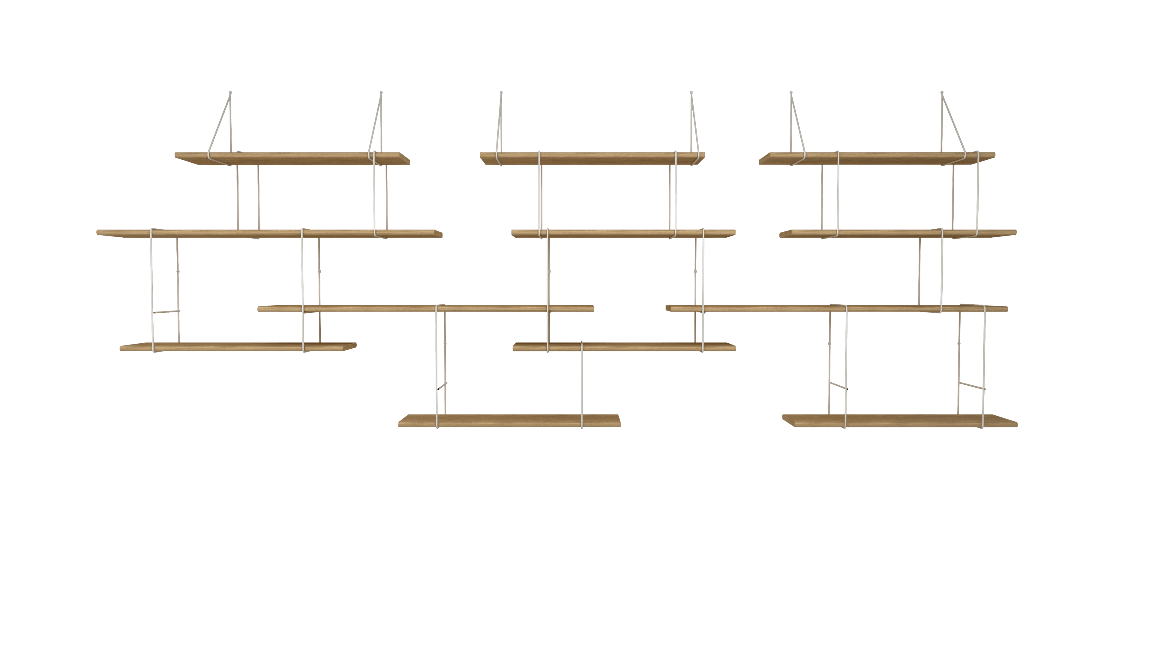 hanging shelf composed of 3 long oak wood planks, 9 small oak wood planks held together by 15 white steel bracket on white background