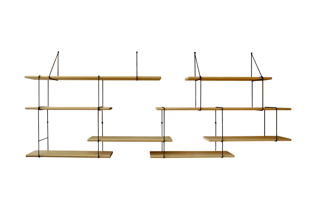 hanging shelf composed of two long oak wood planks, 6 small oak wood planks held together by 13 black steel bracket