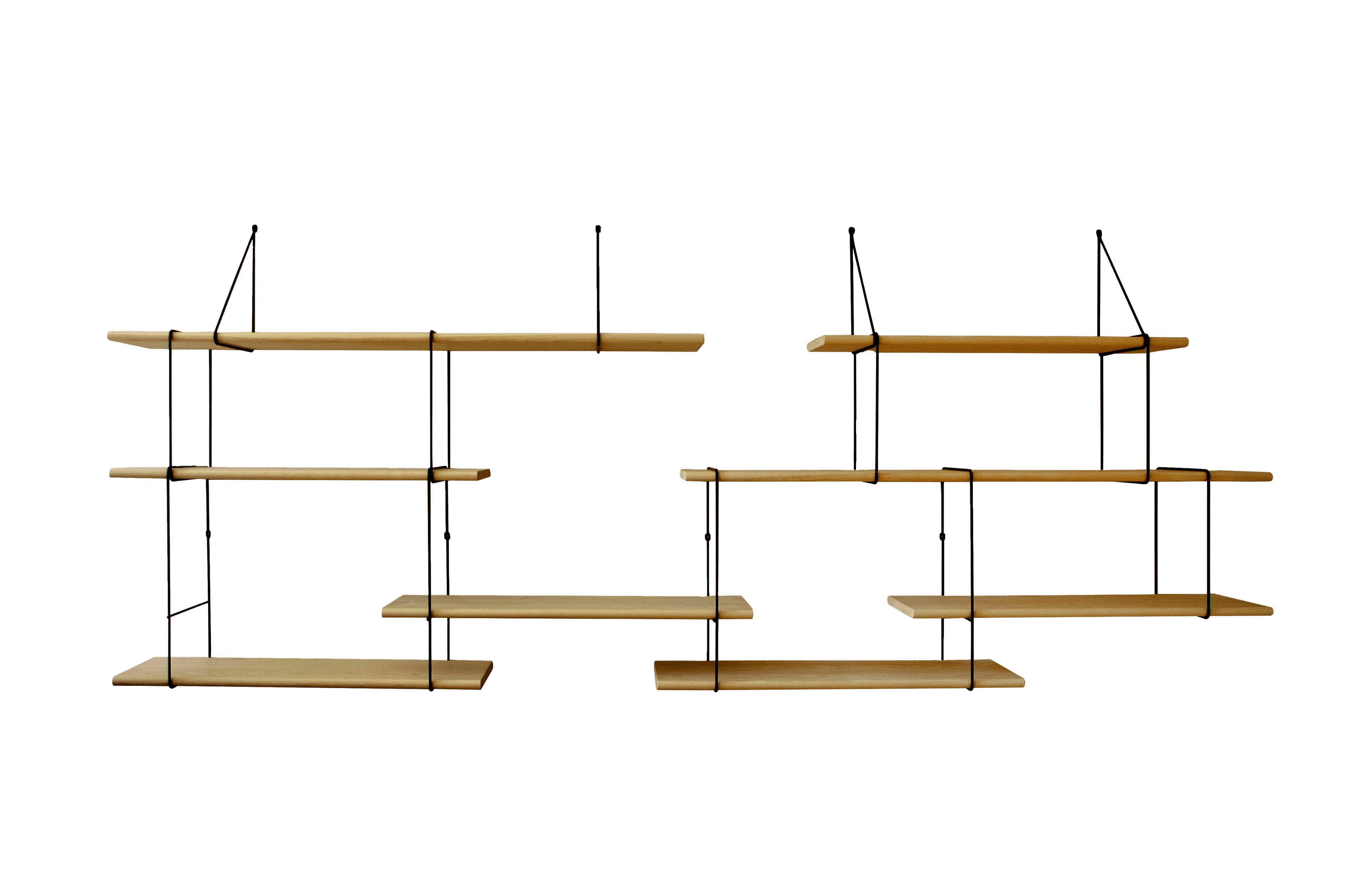 hanging shelf composed of two long oak wood planks, 6 small oak wood planks held together by 13 black steel bracket