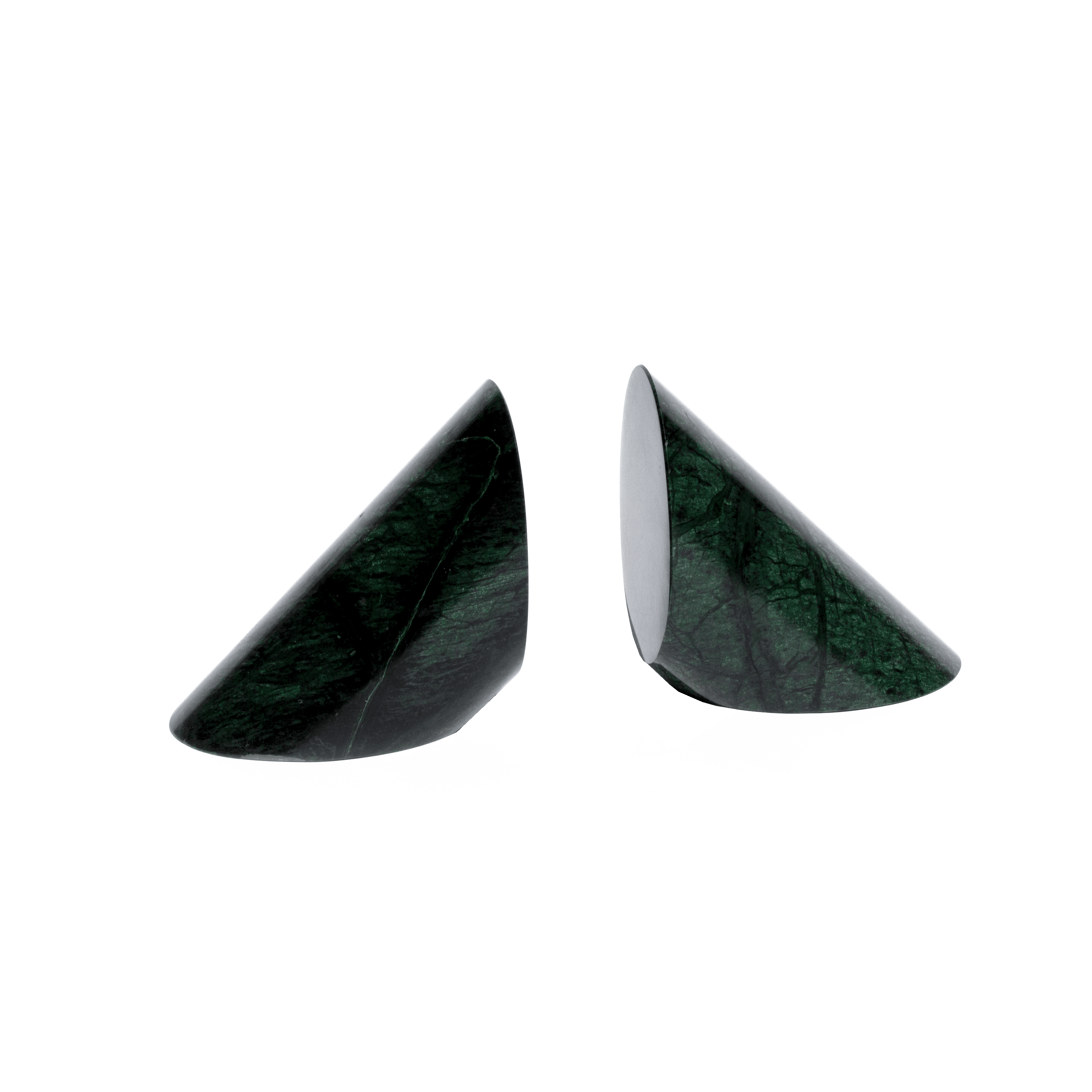 set of two cylinder of green marble cut in a triangle shape on white background
