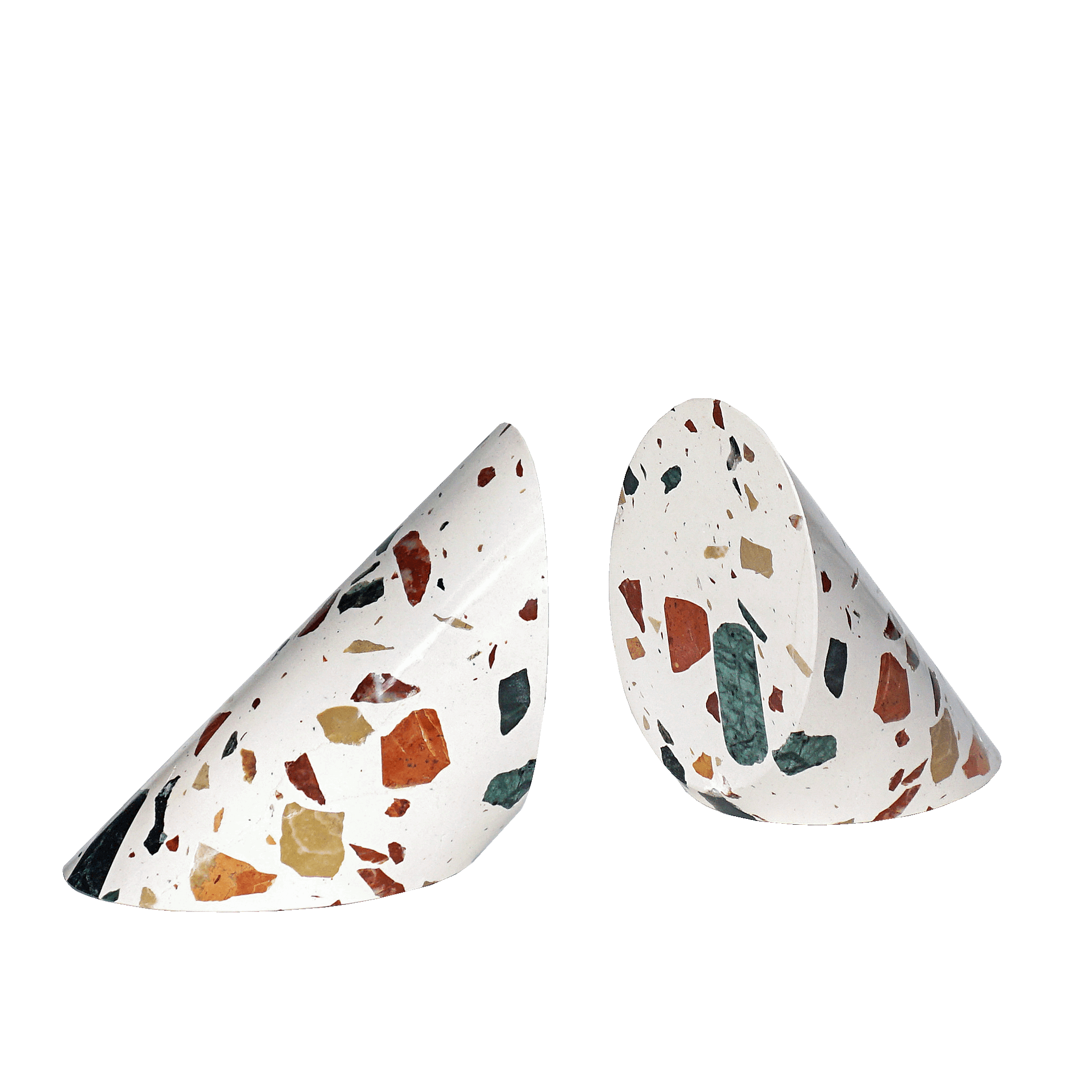 set of two cylinder of terrazzo cut in a triangle shape containing natural earthy colors chips of stone