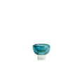 semi-transparent light mint blue cylinder glass base holding a semi-transparent a light cyan moon shape glass forming a bowl on a white background