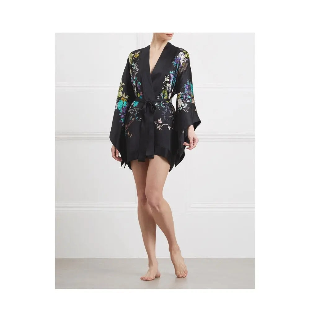 MENG Black Silk Satin Short Kimono Kimonos 