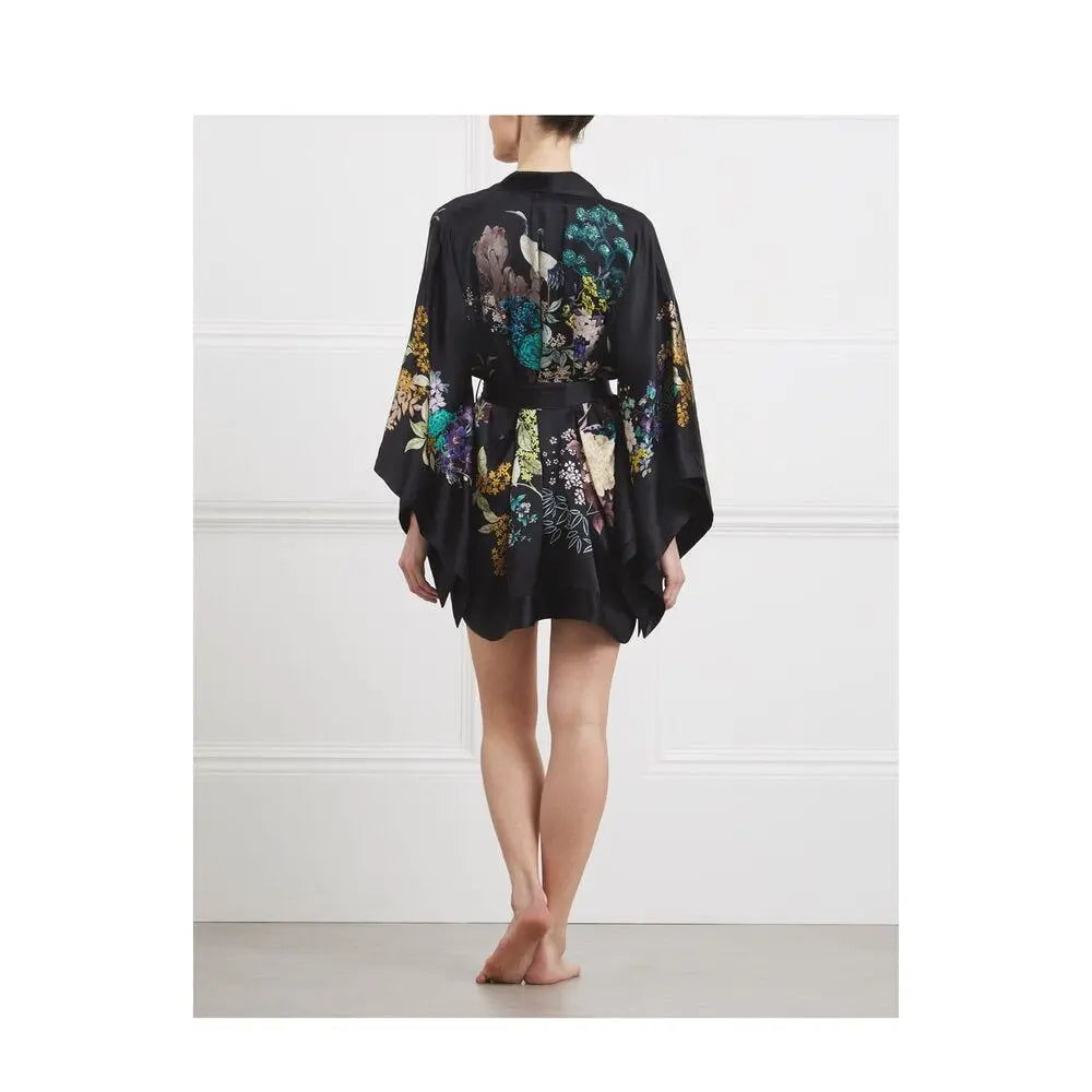 MENG Black Silk Satin Short Kimono Kimonos 