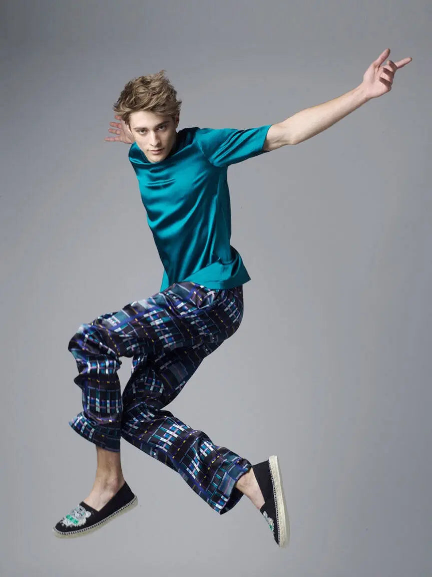 MENG Men’s Blue Silk Satin Trousers 