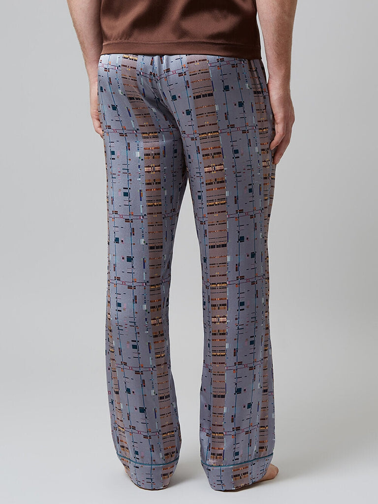 MENG Men’s Silver Printed Silk Satin Pajama Bottoms 