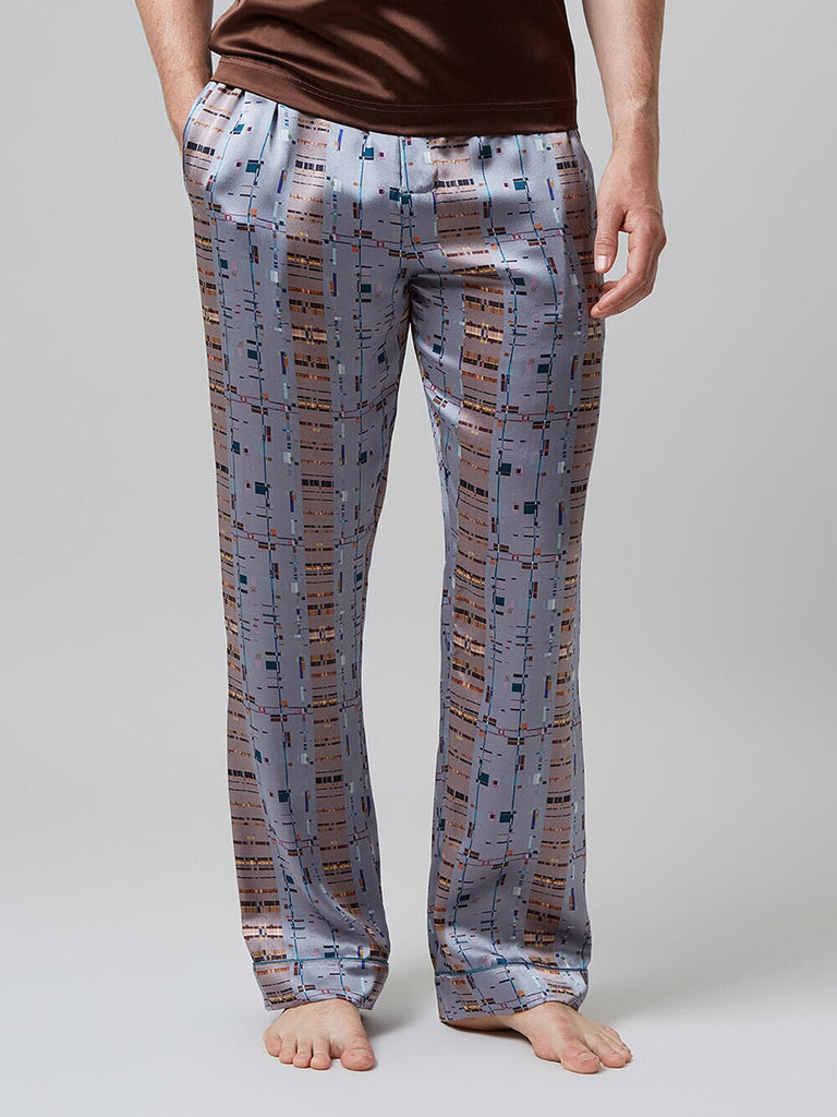 MENG Men’s Silver Printed Silk Satin Pajama Bottoms 