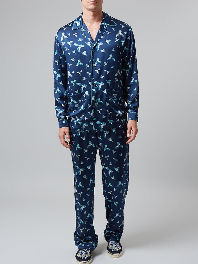 MENG Navy Printed Silk Satin Pajama Set 