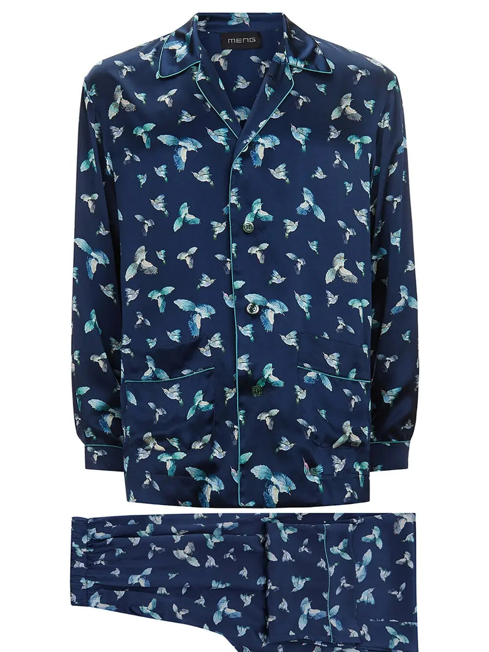 MENG Navy Printed Silk Satin Pajama Set 