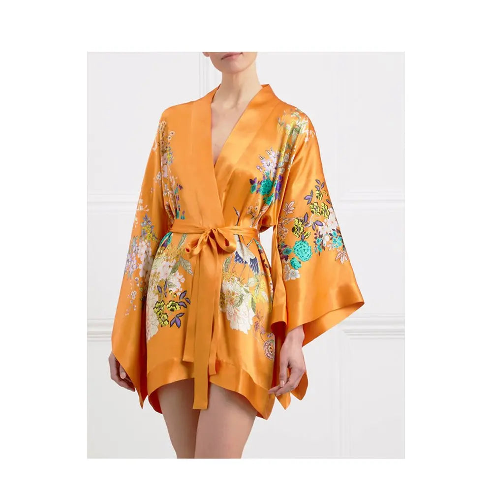 MENG Orange Silk Satin Short Kimono Kimonos 